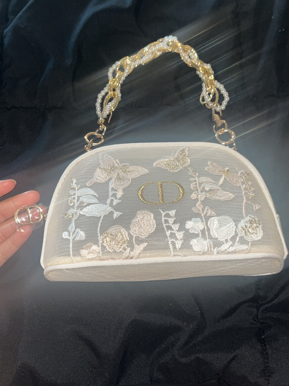 Dior Ivory Floral Embroidered Mesh Top-Handle Clutch